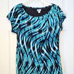 'Worthington' cap sleeves shirt with gathers at shoulder, swirl colors, Sz. XL