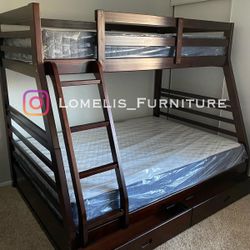 Twin/Full Expresso Bunk bed w. Drawers & Ortho Mattresses Included 