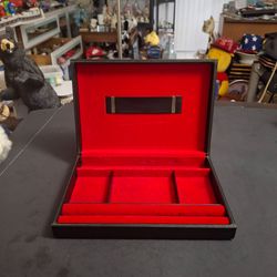Swank Sweden Black & Red Faux Leather, Red Velvet Lined Men's Valet Jewelry Box-Vintage Mid Century 9" x 6 3/8" x 1 5/8"H