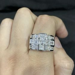 .925 Sterling Silver Men's Womens CZ Princess Cut Cross Band Cluster Ring Sz 8