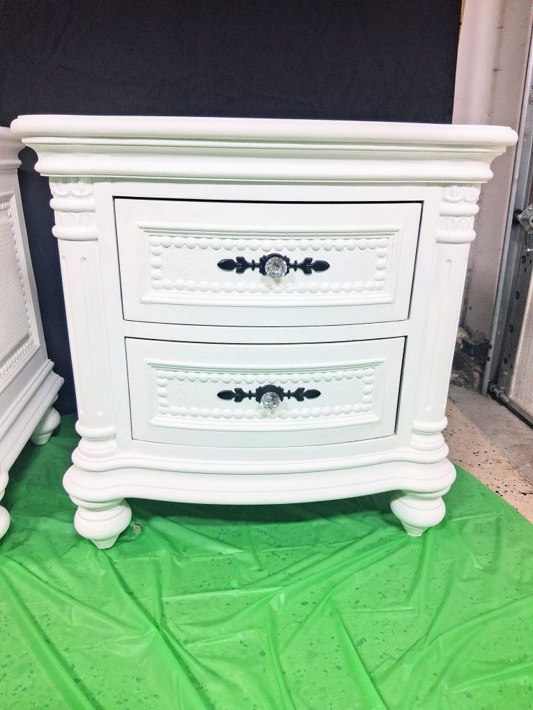 Pair Of  Refreshed Solid Wood White Nightstands 