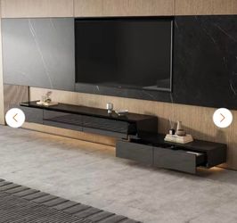 Modern Wood Black Wall Mounted Floating TV Stand Media Console with High Gloss Drawers & Lights, Fits TV's up to 80 in.