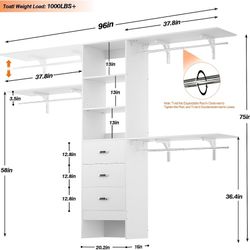 8FT Closet System, 96'' Closet Organizer System with 3 Hanging Rods, Wall Mount Bedroom Wardrobe with 3 Drawers Walk-in Closet, Adjustable Cloth Garme