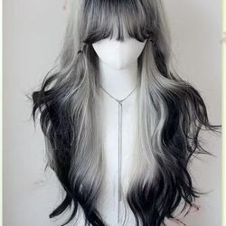 26 inch Ombre black silver curly wig with bang