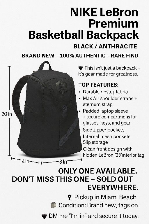 π NIKE LeBron Premium Basketball Backpack β BLACK/ANTHRACITE π
π₯ BRAND NEW β 100% AUTHENTIC β RARE FIND