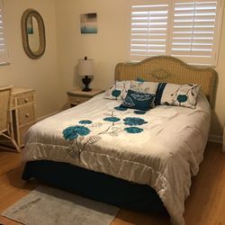 5 Piece  bedroom Set Including  Queen Mattress, Frame , Wicker Matching Dressers , Nightstand …Mattress Barely Used 