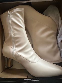 Cream Heeled Boots with Side Zip Size 8