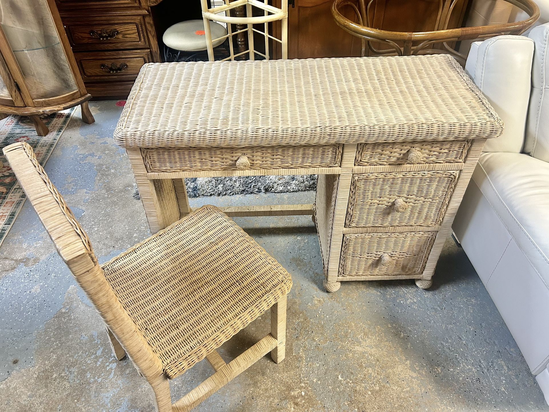 Vintage Wicker Desk With Chair