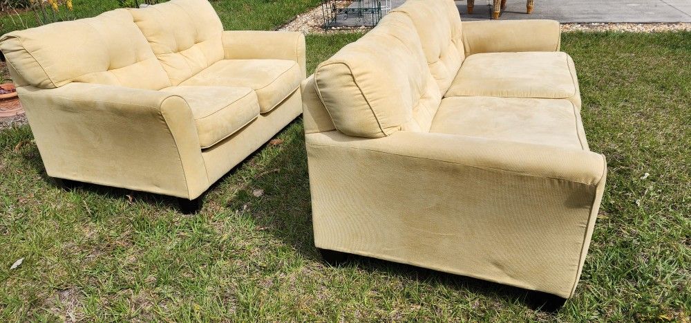 $150.00 Mellow Yellow Fabric Sofa Set ( Like New) Make me an offer, eager to Sell.