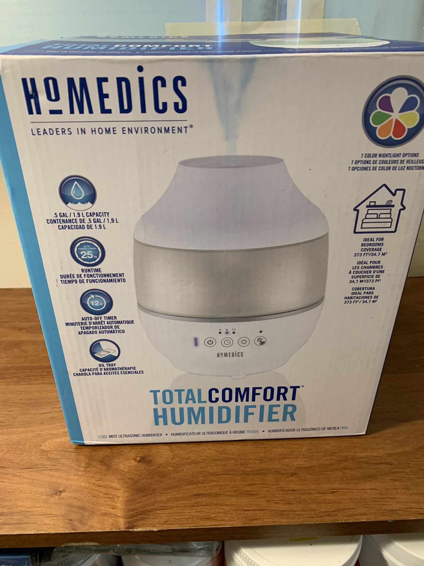 HoMedics Total Comfort Humidifier with 360 Nozzle, Micro-Fine Cool Mist, with 7 Night Light colors and a 25 Hour Run Time