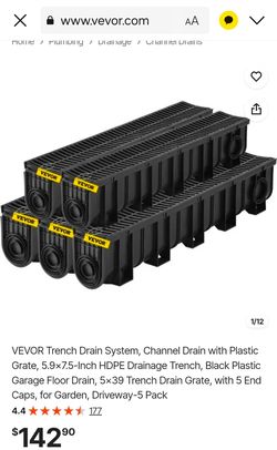 VEVOR Trench Drain System with Plastic Grate 5-Pack
