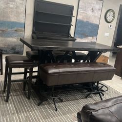 Dining Room Pub Style Set With 4 Stools & Bench, With Beautiful Matching Buffett, Dark Brown 