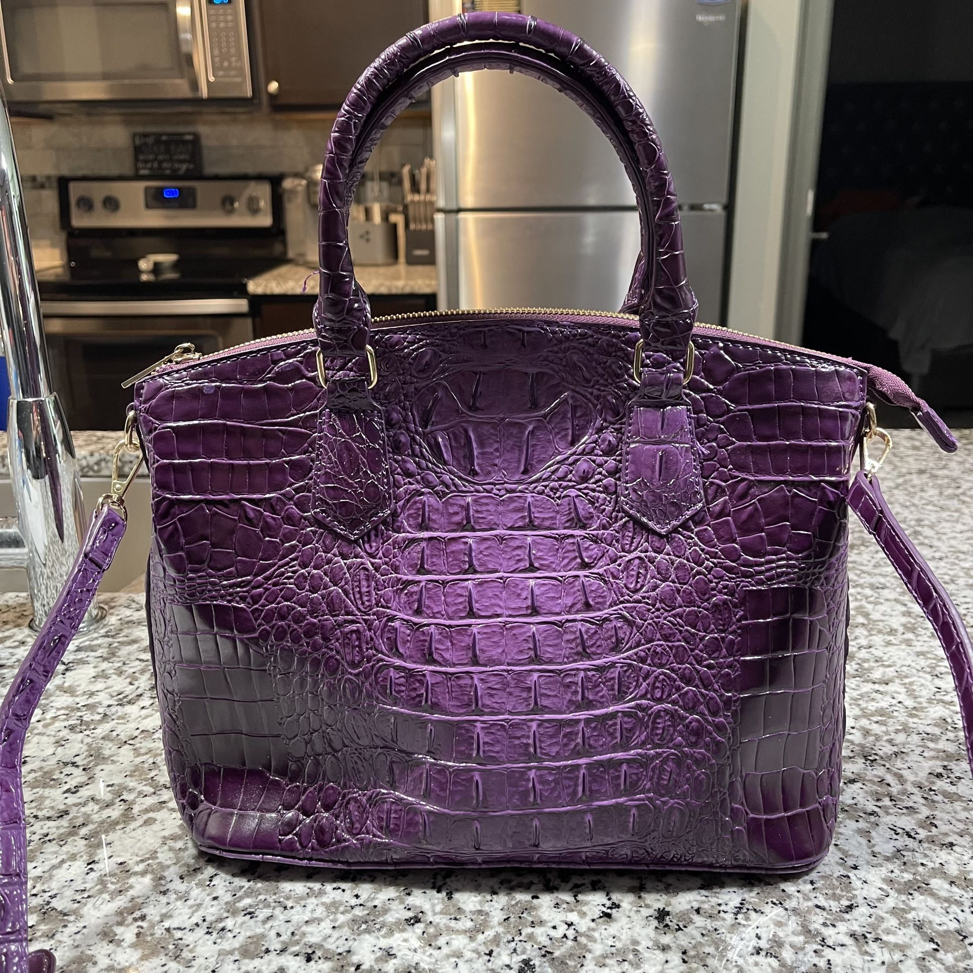 Purple Leather Satchel Handbag Purse Alligator Embossed Purple with Crossbody Strap