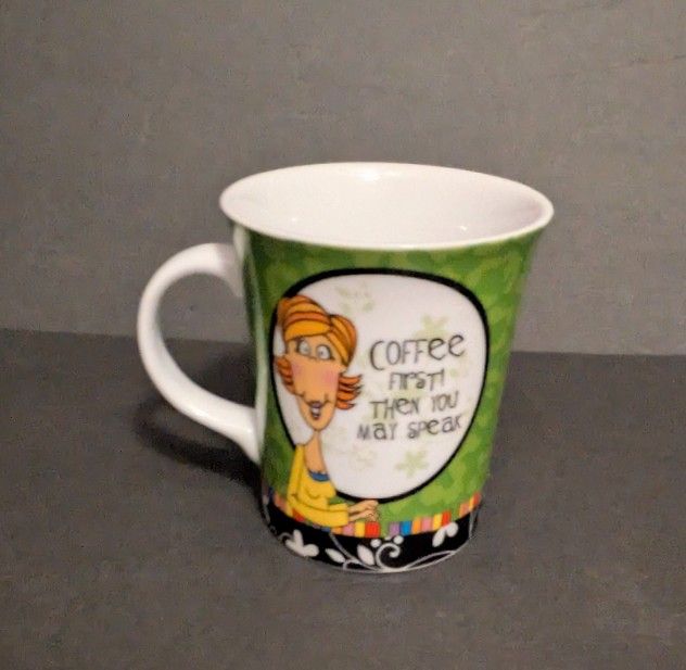 Coffee First Then You May Speak Green Cartoon Coffee Mug 4" Height