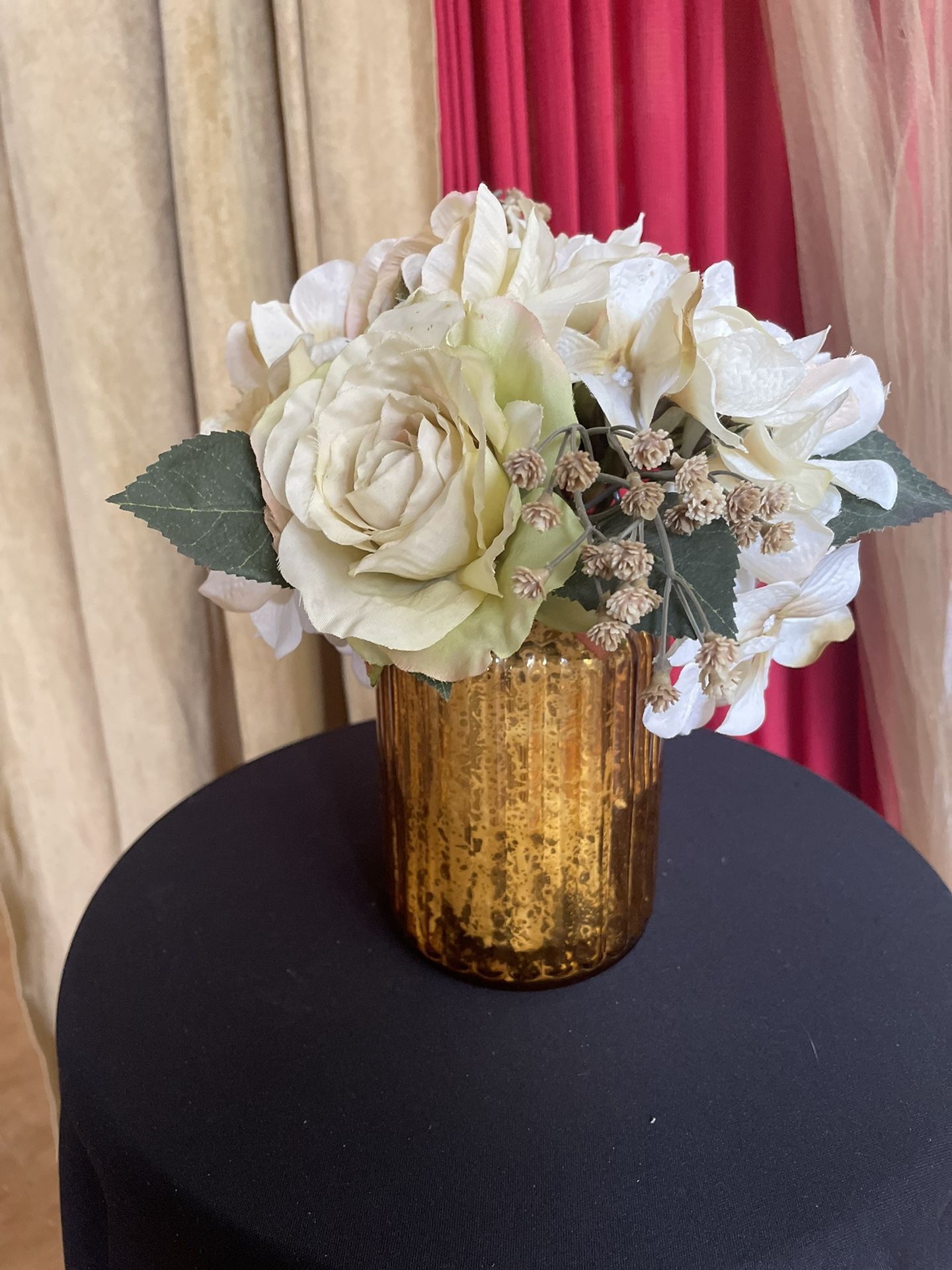 Really Pretty Silk Flowers In  A Decorative Glass Vase