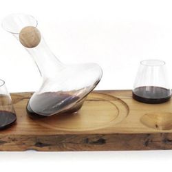  Aerating 750mL Wine Decanter + Four 12oz Aerating Glasses + Reclaimed Solid Wood Serving Tray 