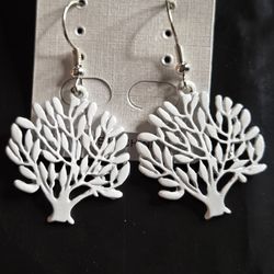 White Tree of Life Dangle Earrings Silver Tone Nature Boho Statement Jewelry New