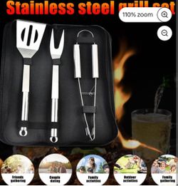 3-Pieces Stainless Steel Barbeque Grilling Tool Set with Carry Bag,Stainless Steel Grilling Accessories,Includes a Spatula/Fork/Pair of Tongs,a Cloth 
