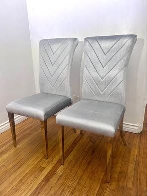 SALE! New Set Of 2 AUZ Grey Velvet Dining Chairs with Silver Mirror Stainless Steel Legs