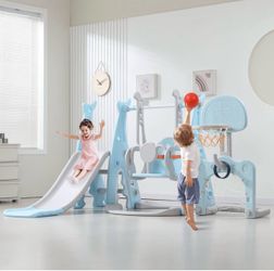 6-in-1 Kids Playset - Slide, Swing, Basketball, Football, Blue/White