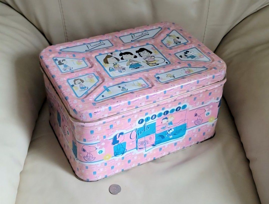 Large Peanut Beauties Vintage Tin Toy Lidded Chest Box Storage, 13 -3/4" Long