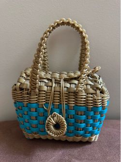 Vintage Woven Picnic Basket Purse – Turquoise & Tan