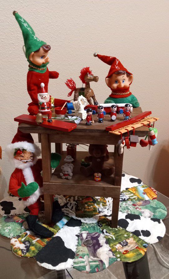 Santa's Elves PrepareToys On Little Table Vintage And Adorable
