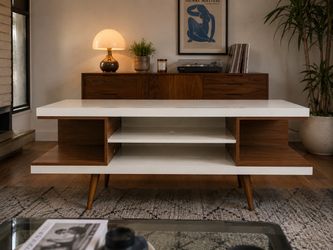 New 53” White + Walnut Mid century modern TV console Entertainment center
