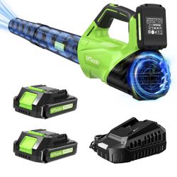Soplador de hojas actualizado 2025, soplador de hojas inalámbrico con 2 baterías de 2.6 Ah y cargador rápido, 450 CFM y 150 MPH y modo de 2 velocidade