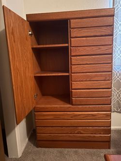 Solid oak 3 pc / 1 dresser armoire, 2 nightstands