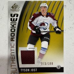 Upper Deck SP Game Used Tyson Jost Avalanche Gold Jersey #165. 273/399