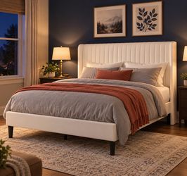 Queen Size White Upholstered Platform Bed Frame