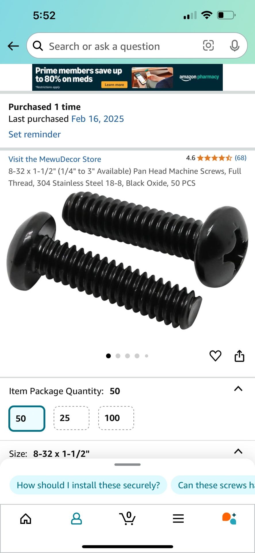 Black 8-32 X 1 1/2 Pan Head Screws 50 Count