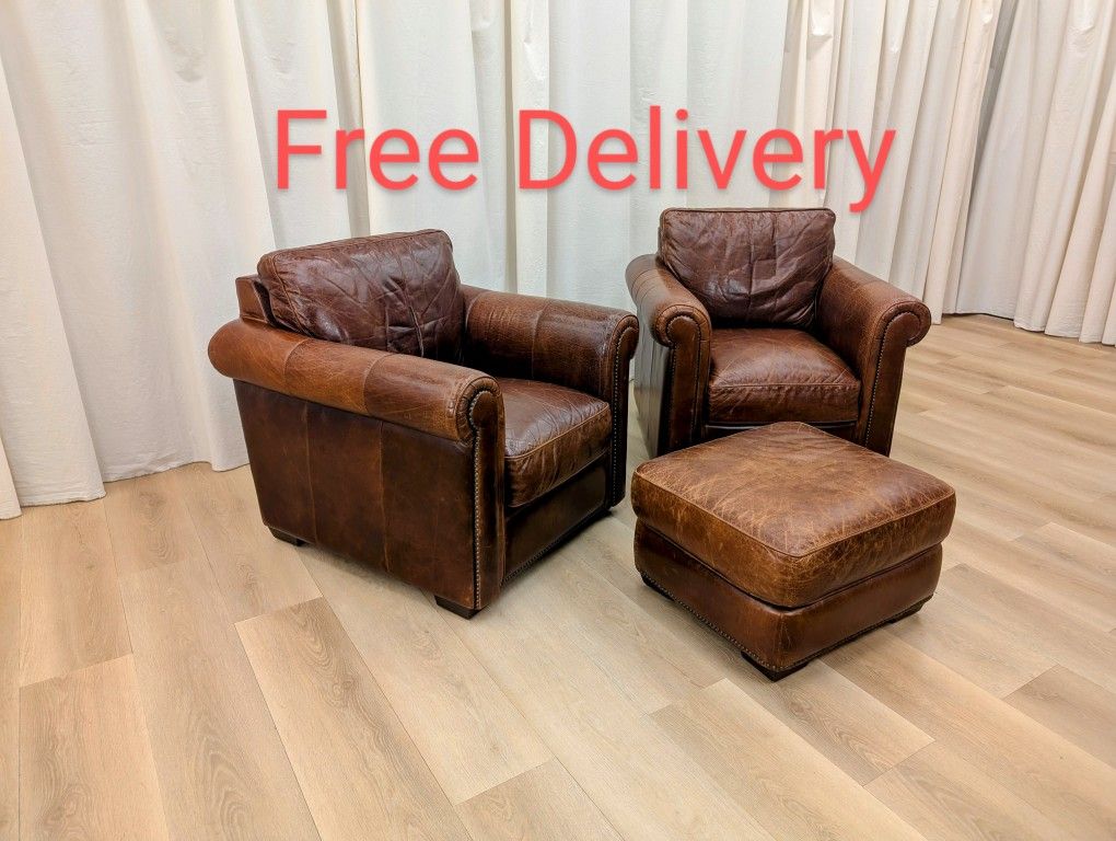 Pair Vintage Leather Club Chairs With Ottoman by Robinson & Robinson