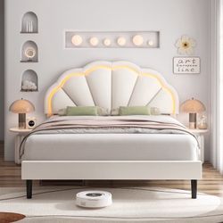 Full Size LED Bed Frame, Full Size Bed for Bedroom, Velvet Upholstered Platform Bed with Adjustable Headboard, Off-White