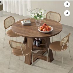 43.3''-59'' Extendable Round Dining Table for 4-8, Mid Century Modern Wooden Round Table with Removable Leaves Space Saving, for Kitchen Living Room