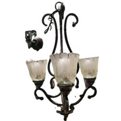 Rustic Bronze Color Metal and 3 Frosted Glass Shades Chandelier