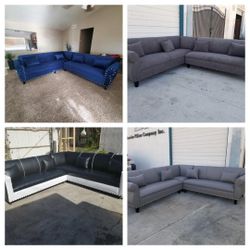 NEW 9x9ft SECTIONAL COUCHES  VELVET NAVY, ANAPOLIS GRANITE FABRIC, BLACK Leather COMBO, AND GREY  LEATHER SECTIONAL COUCHES 