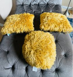 Set of 3 Yellow Shaggy Decorative Pillows