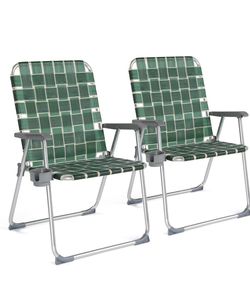 VINGLI Folding Webbed Oversized Lawn Chairs with Detachable Cup Holder, 300 LBS High Beach Chair for Adults Heavy Duty, Portable Aluminum Patio Chair 