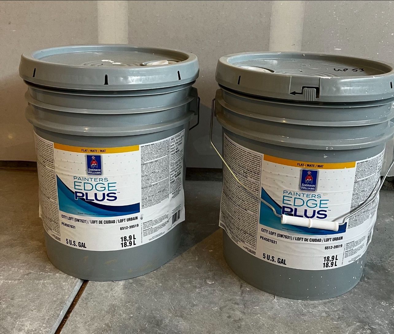 Interior Paint. Color Agreeable Gray. Flat. Total 2 Buckets/ 10 Gallons 