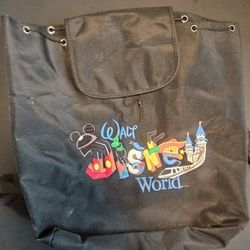 Walt Disney World Drawstring Embroidered Backpack Tote Black Mickey Goofy