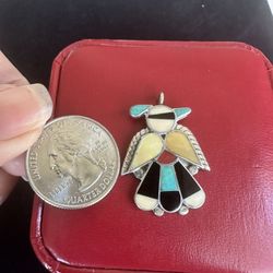 Vintage 925 Sterling Silver Muti- Gemstones Thunderbird Pendant , Native Am., Tested 