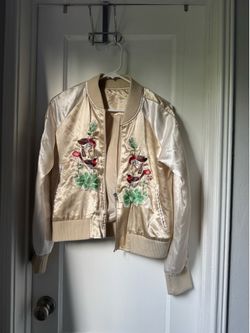 Vintage pastel yellow embroidered bomber jacket