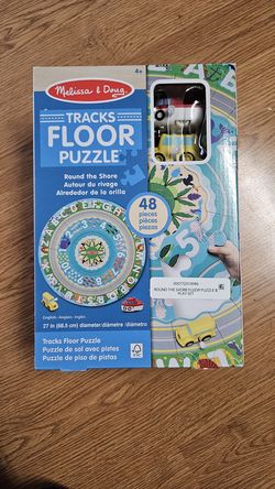 NEW IN BOX Melissa & Doug Round the Shore Tracks Cardboard Jigsaw Floor Puzzle and Wind-Up Vehicles – 48 Pieces, for Boys and Girls 4+.