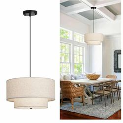 6040: New 18" Modern Double Drum Fabric Pendant Light, Large Hanging Ceiling Chandelier Fixture with Dual Layer Fabric Shade, Ideal