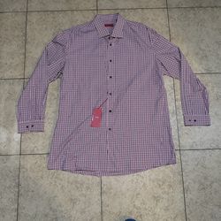Hugo Boss Red Checkered Button Up Shirt Men Size XL 17.5 32/33 Dress Shirt New