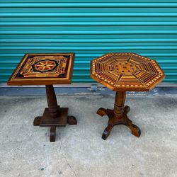 Beautiful Handcrafted Late 1940-60s Inlaid Wood Pedestal Tables