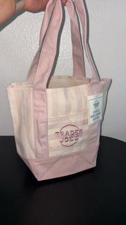 Trader Joes Mini Pastel Stripe Canvas Tote Bag Limited Edition Beige