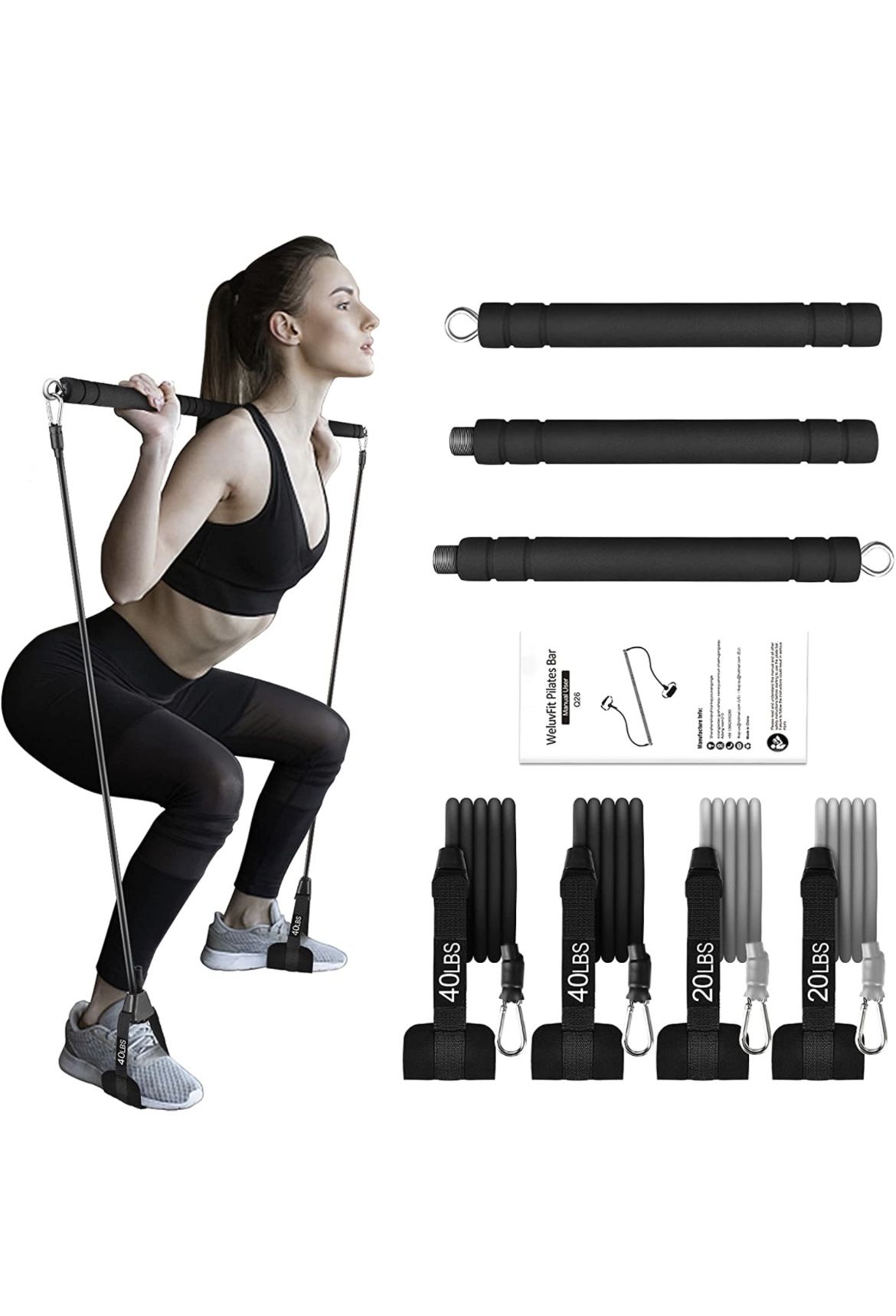 Pilates Bar Kit with Resistance Bands, WeluvFit Adjustable Bands Exercise Fitness Equipment for Women & Men, Home Gym Workout 3-Section Stick Squat Yo